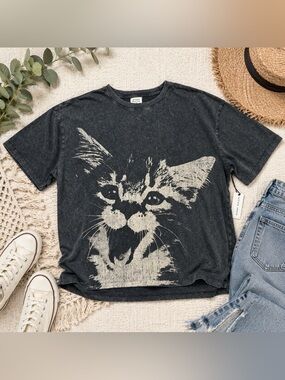 NWT Urban Nation Cat Graphic Tee 2X Acid Wash Oversized Y2K Grunge Streetwear